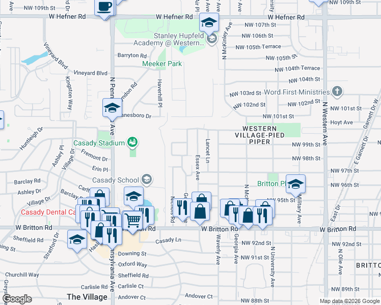 map of restaurants, bars, coffee shops, grocery stores, and more near 9908 Essex Avenue in The Village