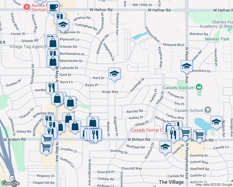 map of restaurants, bars, coffee shops, grocery stores, and more near 2524 Kings Way in The Village