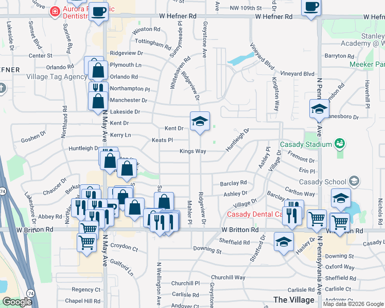 map of restaurants, bars, coffee shops, grocery stores, and more near 10000 Mahler Place in The Village