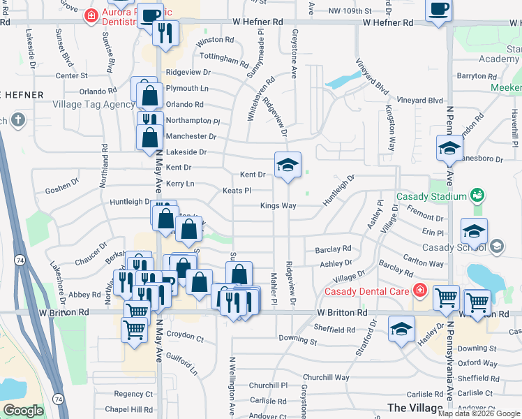 map of restaurants, bars, coffee shops, grocery stores, and more near 2625 Kings Way in The Village