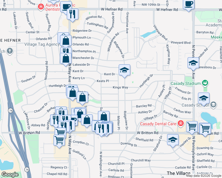 map of restaurants, bars, coffee shops, grocery stores, and more near 2625 Kings Way in The Village