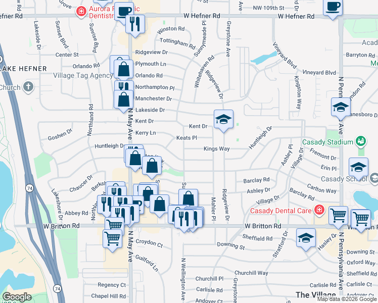 map of restaurants, bars, coffee shops, grocery stores, and more near 2625 Kings Way in The Village