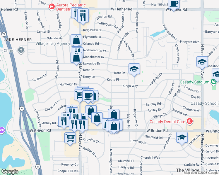 map of restaurants, bars, coffee shops, grocery stores, and more near 9909 Sunnymeade Place in The Village
