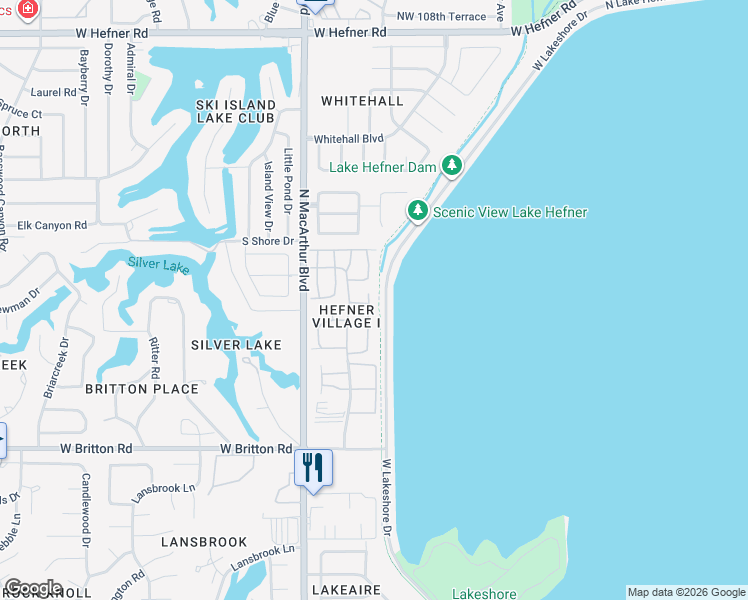 map of restaurants, bars, coffee shops, grocery stores, and more near 9924 Hefner Village Drive in Oklahoma City
