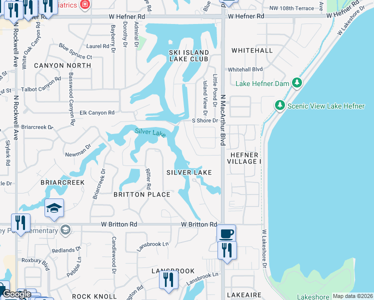 map of restaurants, bars, coffee shops, grocery stores, and more near 9825 Silver Lake Drive in Oklahoma City