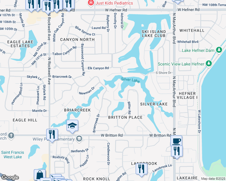 map of restaurants, bars, coffee shops, grocery stores, and more near 9905 Harbor Drive in Oklahoma City