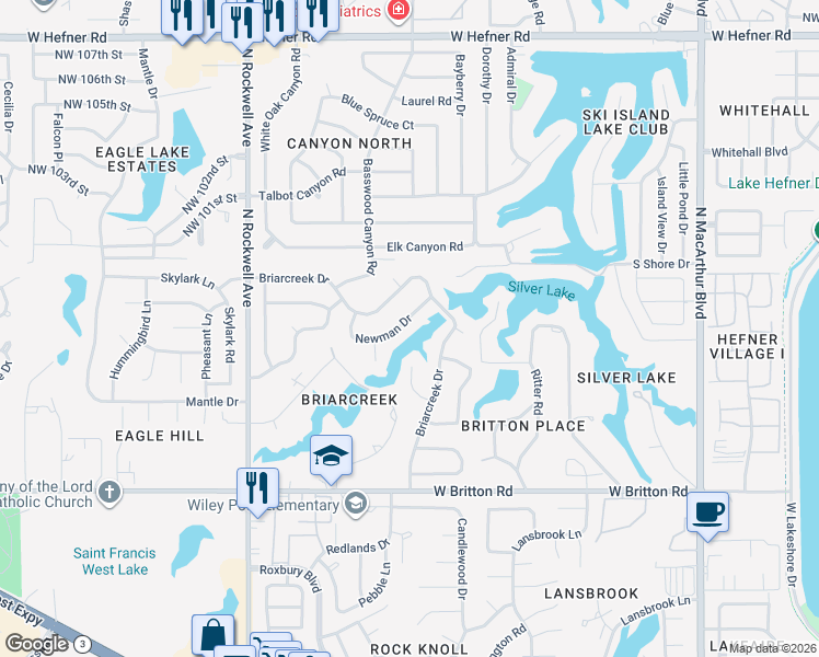map of restaurants, bars, coffee shops, grocery stores, and more near 6614 Newman Drive in Oklahoma City