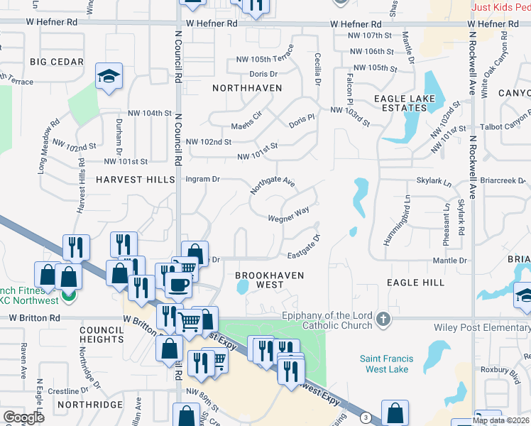 map of restaurants, bars, coffee shops, grocery stores, and more near 7729 Wegner Way in Oklahoma City