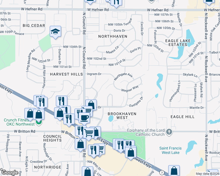 map of restaurants, bars, coffee shops, grocery stores, and more near 9907 Mashburn Boulevard in Oklahoma City