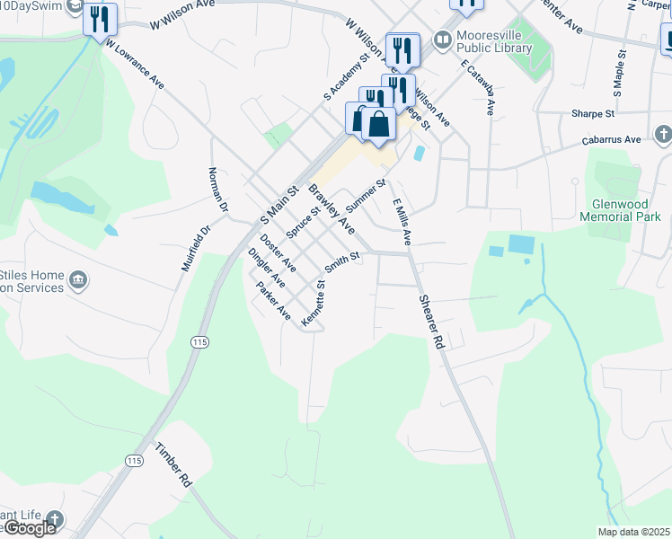map of restaurants, bars, coffee shops, grocery stores, and more near 704 Smith Street in Mooresville