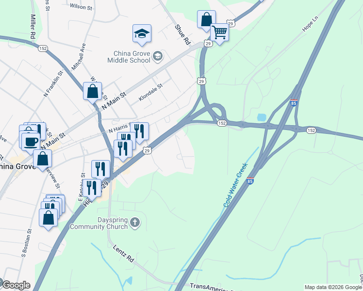 map of restaurants, bars, coffee shops, grocery stores, and more near 810 Grove Street in China Grove