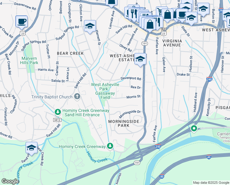map of restaurants, bars, coffee shops, grocery stores, and more near 2 Morris Pl in Asheville