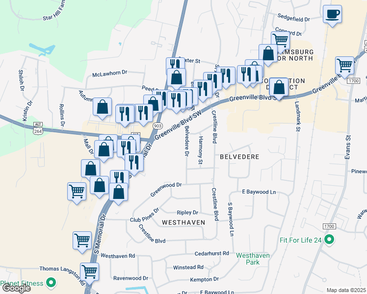 map of restaurants, bars, coffee shops, grocery stores, and more near 208 Belvedere Drive in Greenville