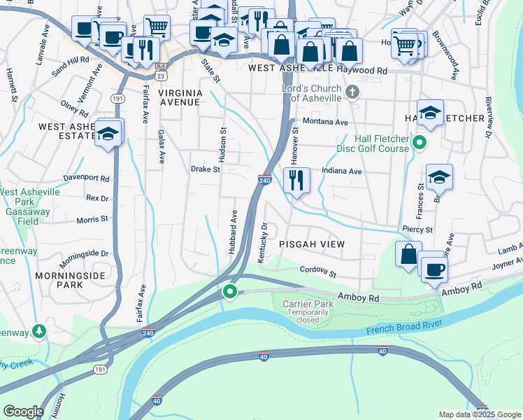 map of restaurants, bars, coffee shops, grocery stores, and more near 11 Kentucky Drive in Asheville