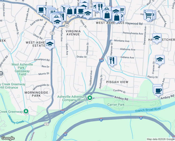map of restaurants, bars, coffee shops, grocery stores, and more near 172 Hudson Street in Asheville