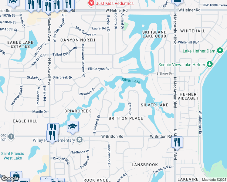 map of restaurants, bars, coffee shops, grocery stores, and more near 9905 Harbor Drive in Oklahoma City