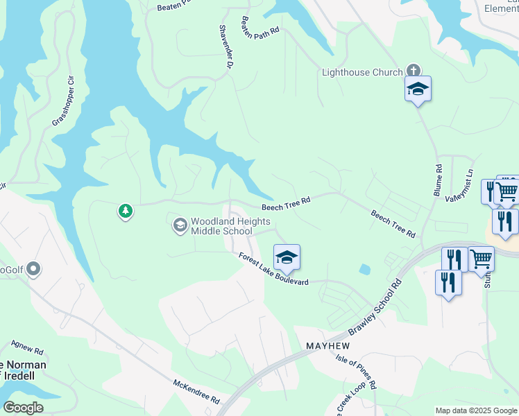 map of restaurants, bars, coffee shops, grocery stores, and more near Beech Tree Road in Mooresville