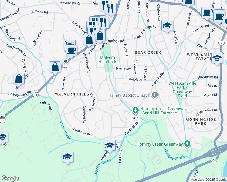 map of restaurants, bars, coffee shops, grocery stores, and more near 205 Rumbough Place in Asheville