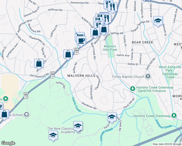 map of restaurants, bars, coffee shops, grocery stores, and more near 125 School Rd in Asheville