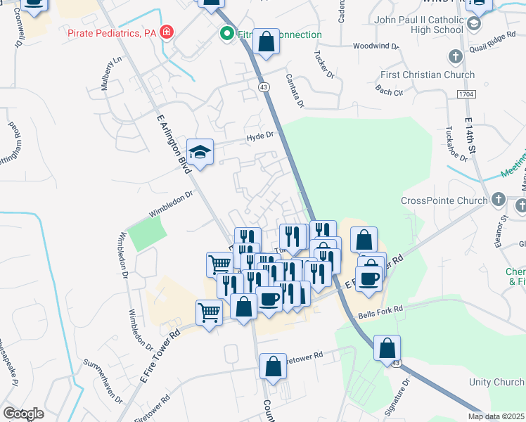 map of restaurants, bars, coffee shops, grocery stores, and more near 1932 Tara Court in Greenville