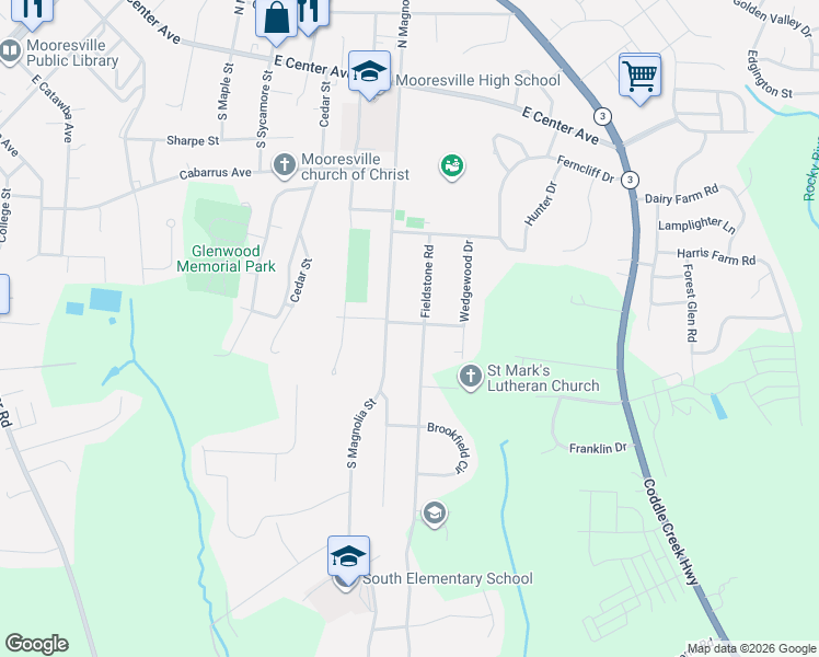 map of restaurants, bars, coffee shops, grocery stores, and more near 405 Ridgecrest Drive in Mooresville