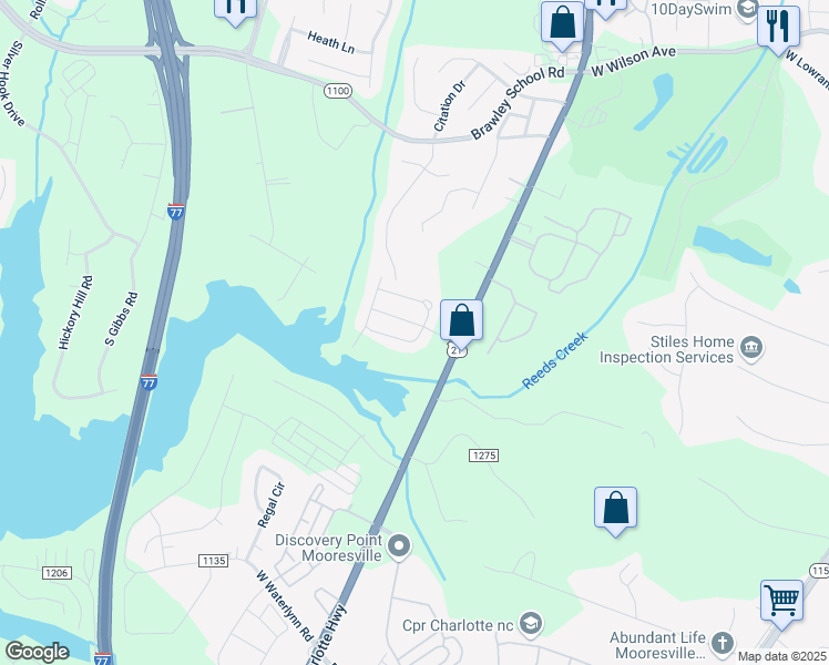map of restaurants, bars, coffee shops, grocery stores, and more near 104 South Arcadian Way in Mooresville