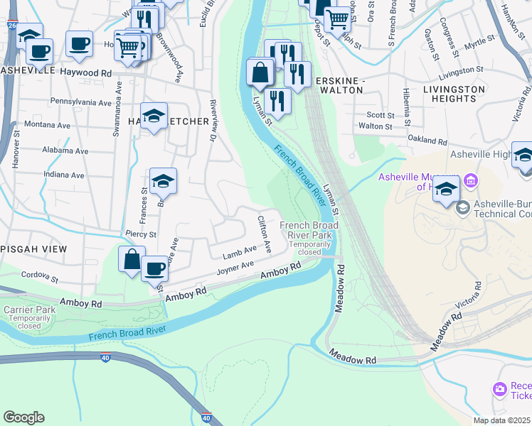 map of restaurants, bars, coffee shops, grocery stores, and more near 453 Riverview Drive in Asheville