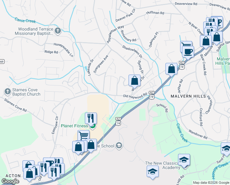 map of restaurants, bars, coffee shops, grocery stores, and more near 1721 Old Haywood Road in Asheville