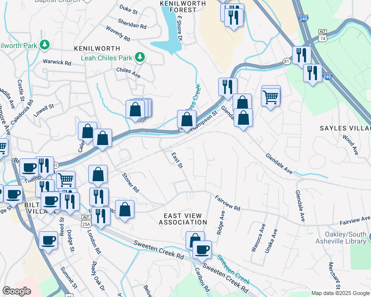 map of restaurants, bars, coffee shops, grocery stores, and more near 34 Winding Rd in Asheville