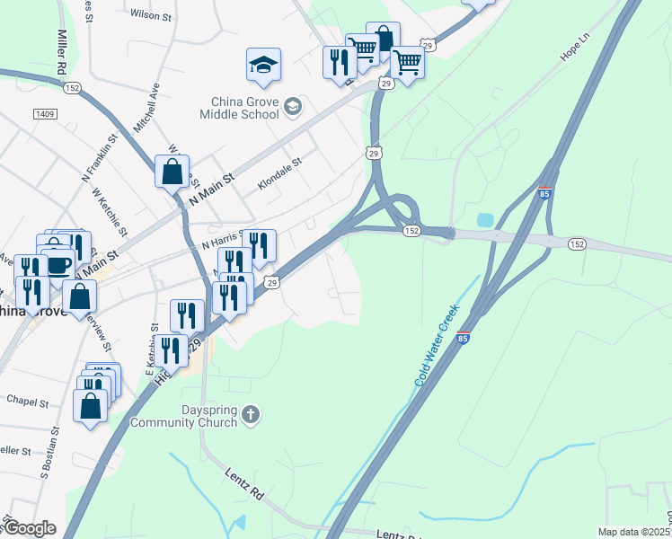 map of restaurants, bars, coffee shops, grocery stores, and more near 801 Grove Street in China Grove