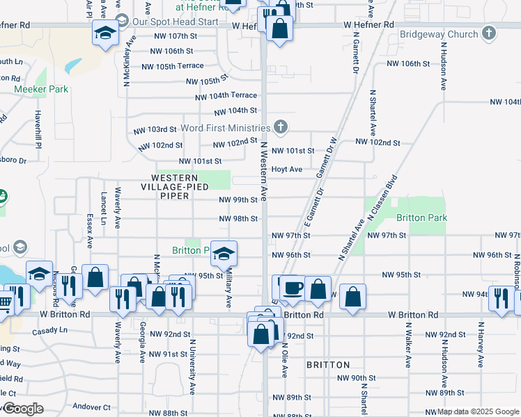 map of restaurants, bars, coffee shops, grocery stores, and more near 9913 North Western Avenue in Oklahoma City