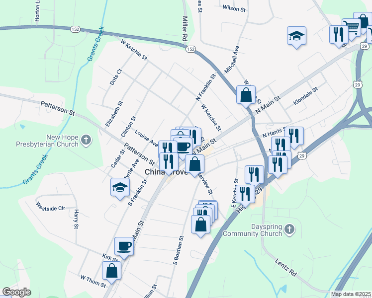 map of restaurants, bars, coffee shops, grocery stores, and more near 112 West Centerview Street in China Grove