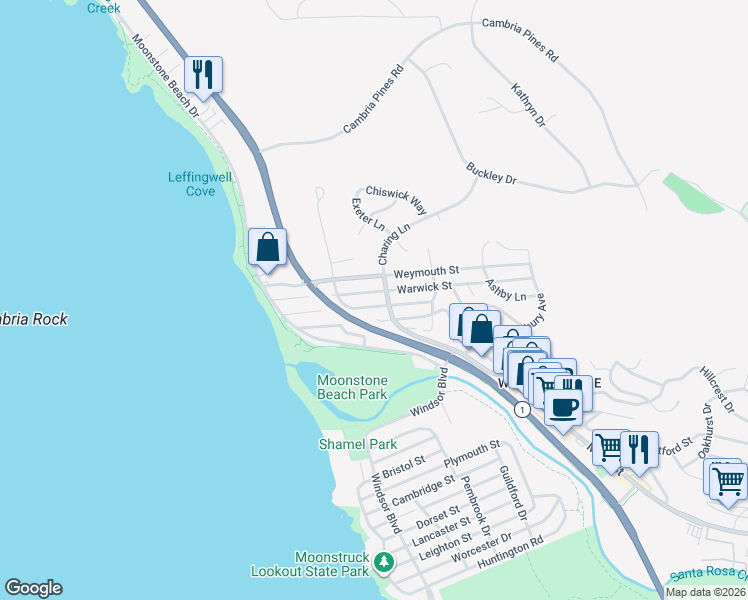 map of restaurants, bars, coffee shops, grocery stores, and more near 368 Warwick Street in Cambria