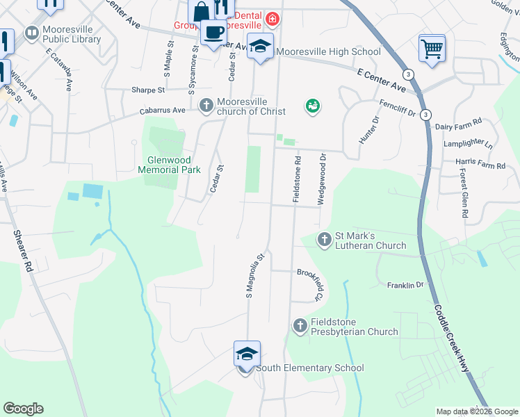 map of restaurants, bars, coffee shops, grocery stores, and more near 405 South Magnolia Street in Mooresville