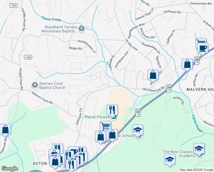 map of restaurants, bars, coffee shops, grocery stores, and more near 217 Torch Light Way in Asheville