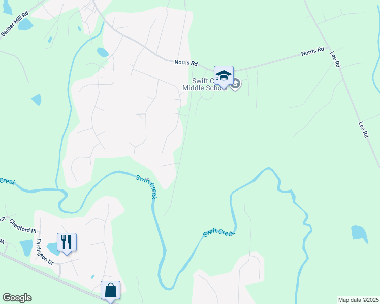 map of restaurants, bars, coffee shops, grocery stores, and more near 431 Swift Creek Farm Lane in Clayton