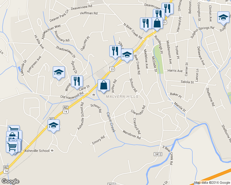 map of restaurants, bars, coffee shops, grocery stores, and more near 84 Arthur Road in Asheville