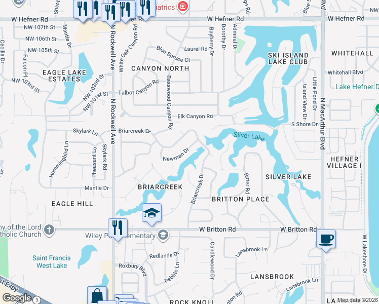 map of restaurants, bars, coffee shops, grocery stores, and more near 6614 Newman Drive in Oklahoma City