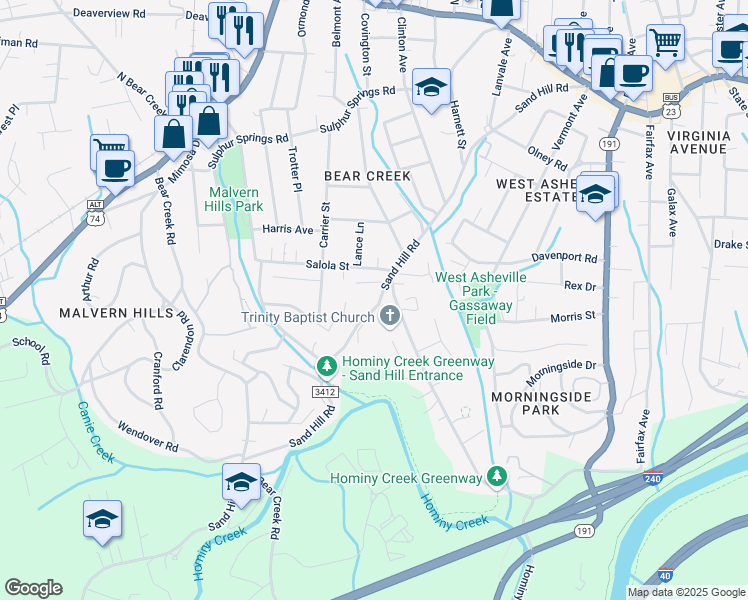 map of restaurants, bars, coffee shops, grocery stores, and more near 333 Sand Hill Rd in Asheville