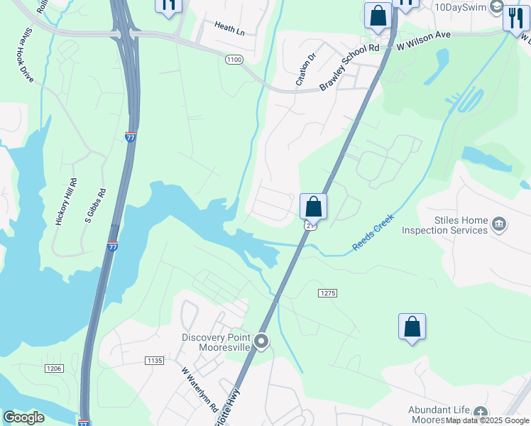 map of restaurants, bars, coffee shops, grocery stores, and more near 144 South Arcadian Way in Mooresville