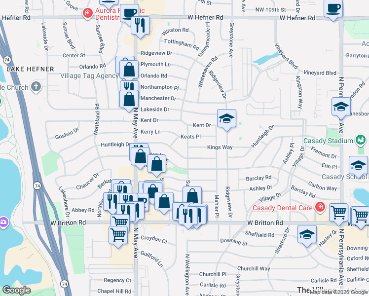 map of restaurants, bars, coffee shops, grocery stores, and more near 9909 Sunnymeade Place in The Village