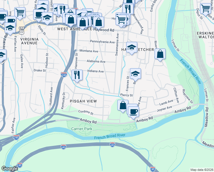 map of restaurants, bars, coffee shops, grocery stores, and more near 203 Michigan Avenue in Asheville