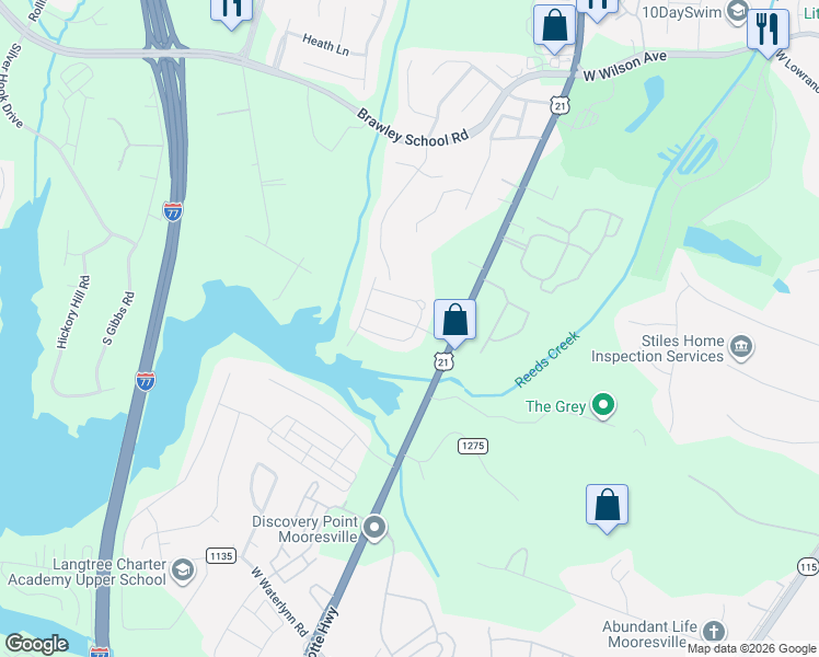 map of restaurants, bars, coffee shops, grocery stores, and more near 131 Cypress Landing Drive in Mooresville