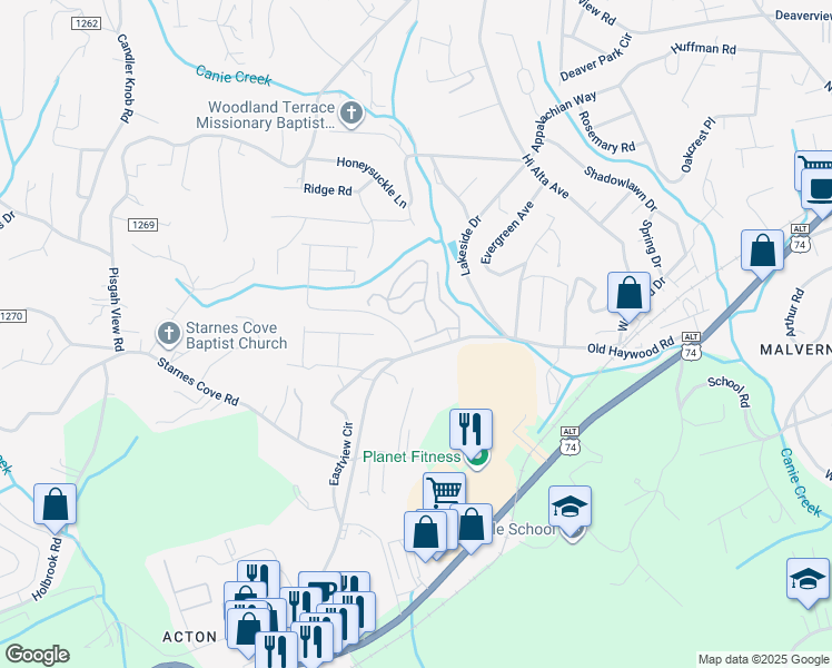 map of restaurants, bars, coffee shops, grocery stores, and more near 204 Torch Light Way in Asheville