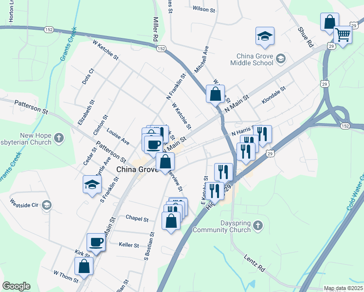 map of restaurants, bars, coffee shops, grocery stores, and more near 308 North Main Street in China Grove