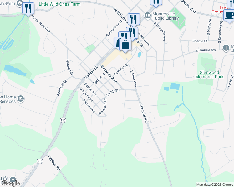 map of restaurants, bars, coffee shops, grocery stores, and more near 417 Ridge Avenue in Mooresville