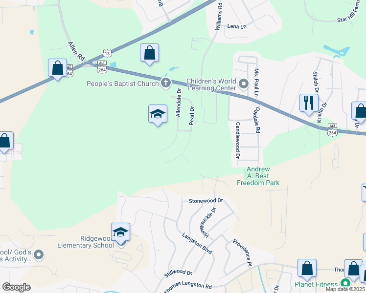map of restaurants, bars, coffee shops, grocery stores, and more near 206 Pearl Drive in Greenville