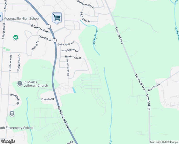 map of restaurants, bars, coffee shops, grocery stores, and more near 211 Harris Farm Road in Mooresville