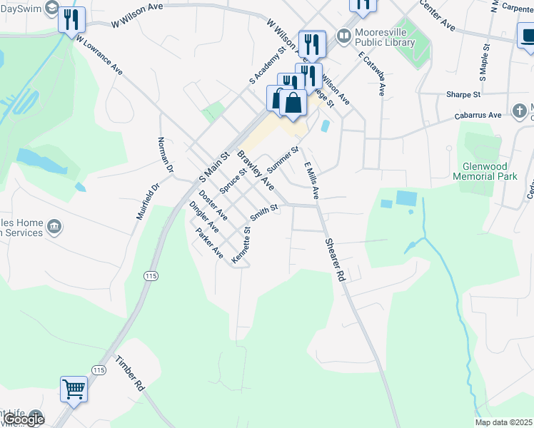 map of restaurants, bars, coffee shops, grocery stores, and more near 325 East Gray Avenue in Mooresville