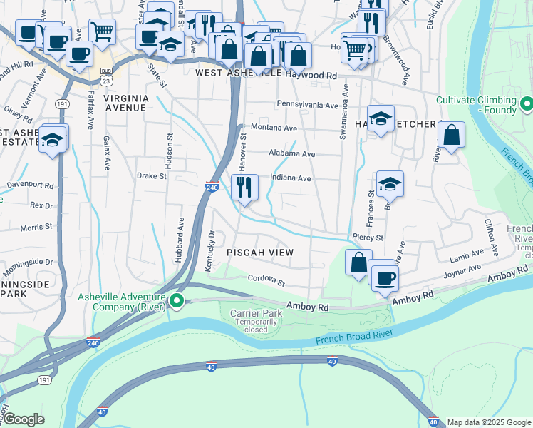 map of restaurants, bars, coffee shops, grocery stores, and more near 294 State Street in Asheville